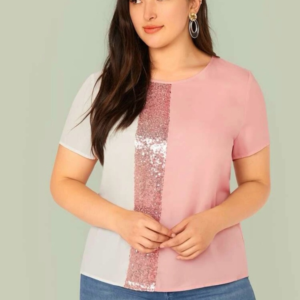 Shein plus size sequin panel, color block pink and white shirt